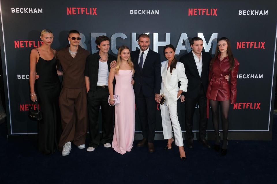 Mia Regan, Romeo Beckham, Cruz Beckham, Harper Beckham, David Beckham, Victoria Beckham, Brooklyn Beckham and Nicola Peltz Beckham photographed during The Premiere of Beckham