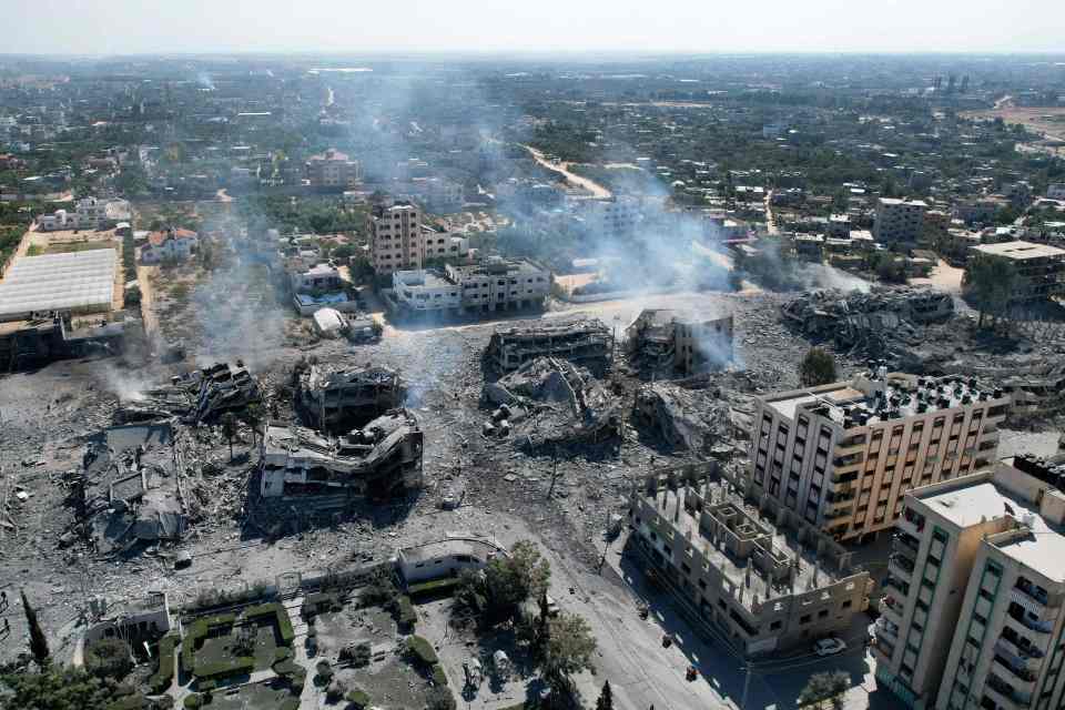 An arial view shows destoyed buildings in al-Zahra city south of Gaza City