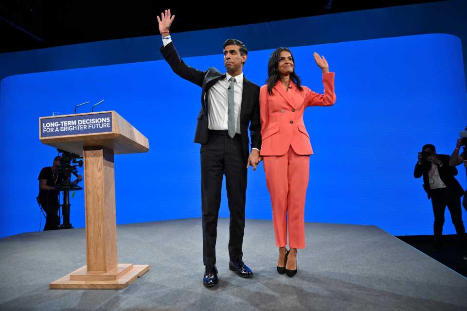 The PM and his wife Akshata Murty on stage at the Conservative Party Conference