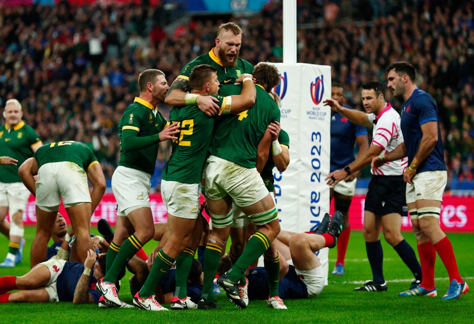 South Africa stars celebrate during their quarter-final clash