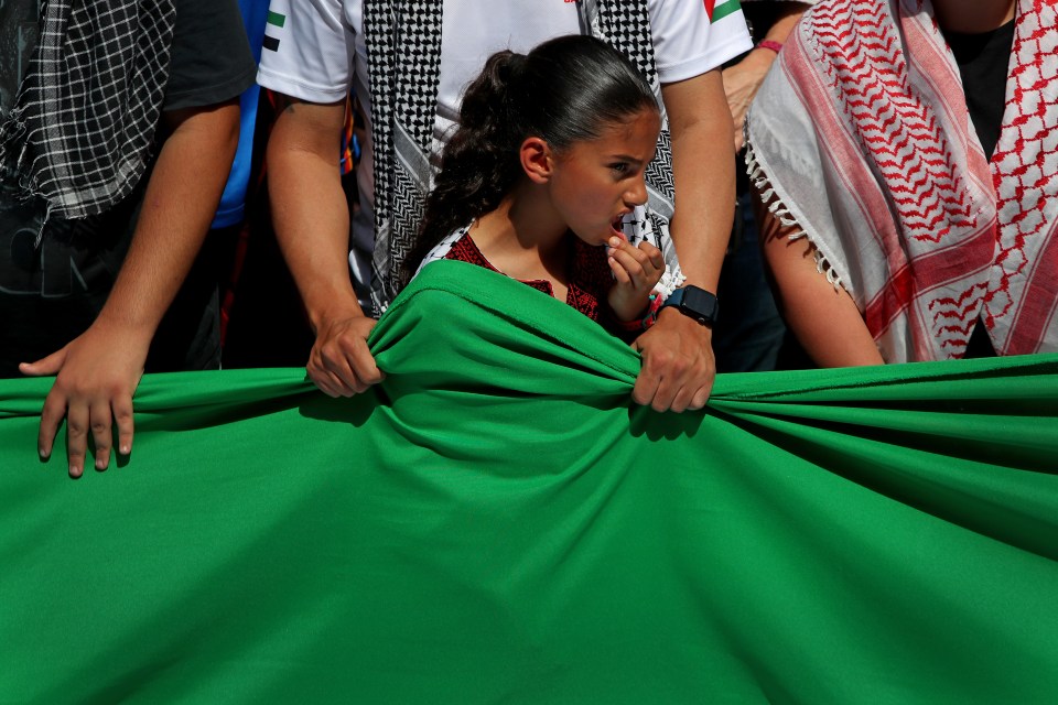 A young protester in Sydney poses with the Palestinian flag