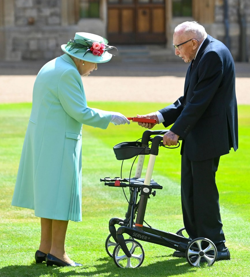 Sir Captain Tom Moore gets his Knighthood from Queen Elizabeth II at Windsor Castle in July 2020