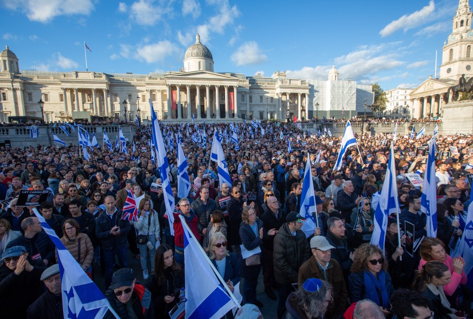 Pro-Israel supporters sang 'let them go' at a vigil for hostages in central London today