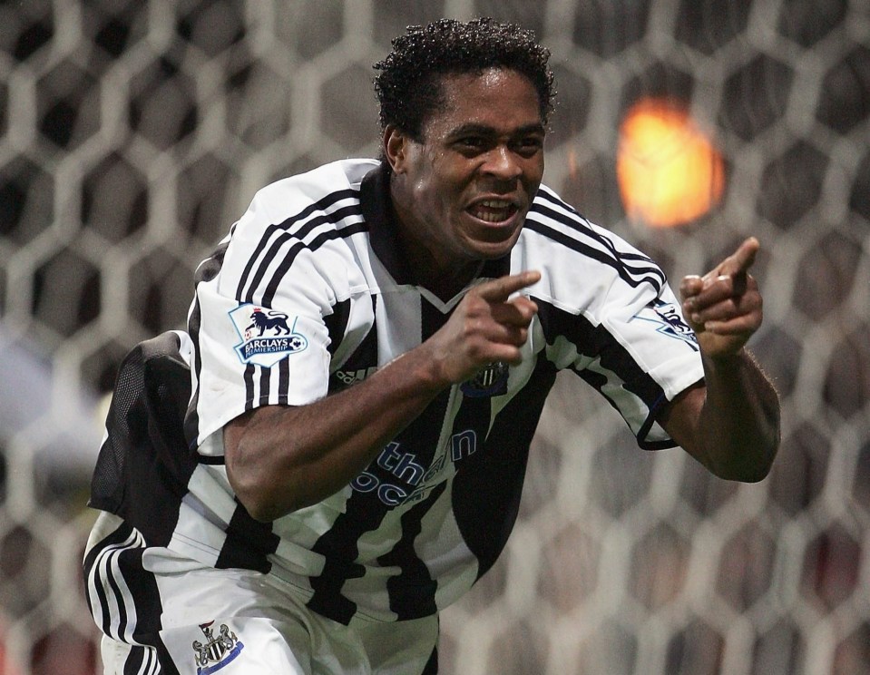 Patrick Kluivert celebrates one of his six goals in 25 Prem games for Newcastle, the only English top-flight club he played for