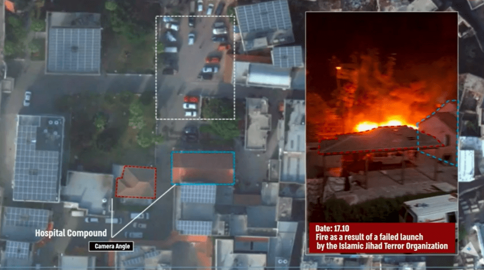 The aerial footage compared the hospital compound before and after the attack