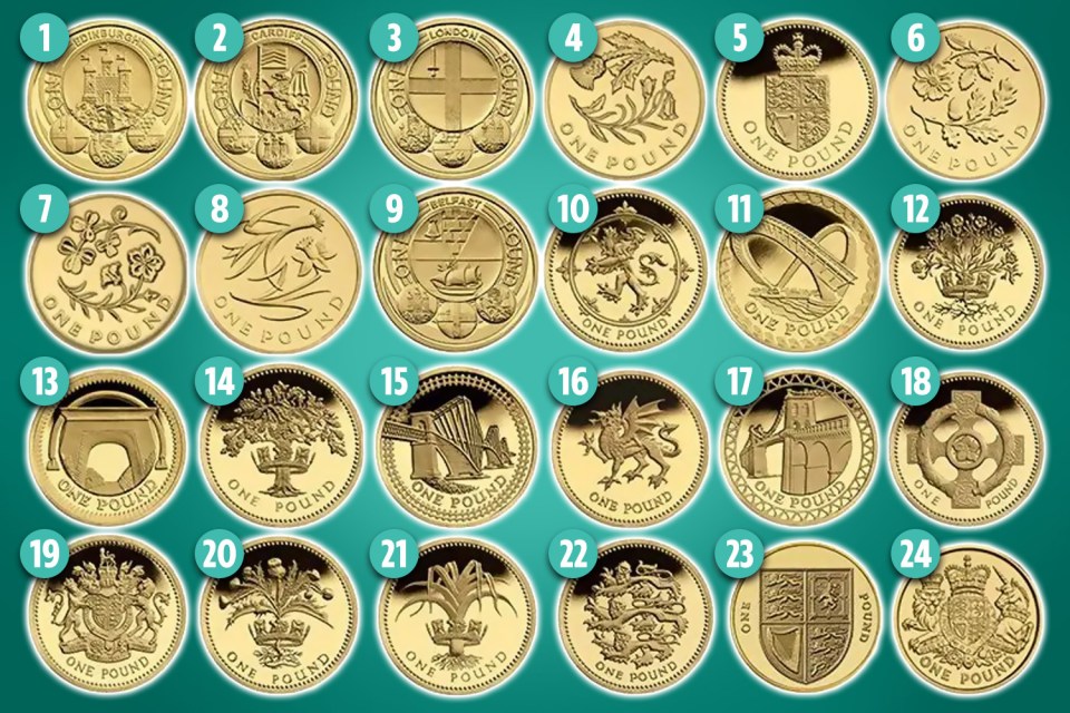  The 24 £1 coin designs are numbered in order, according to ChangeChecker.org