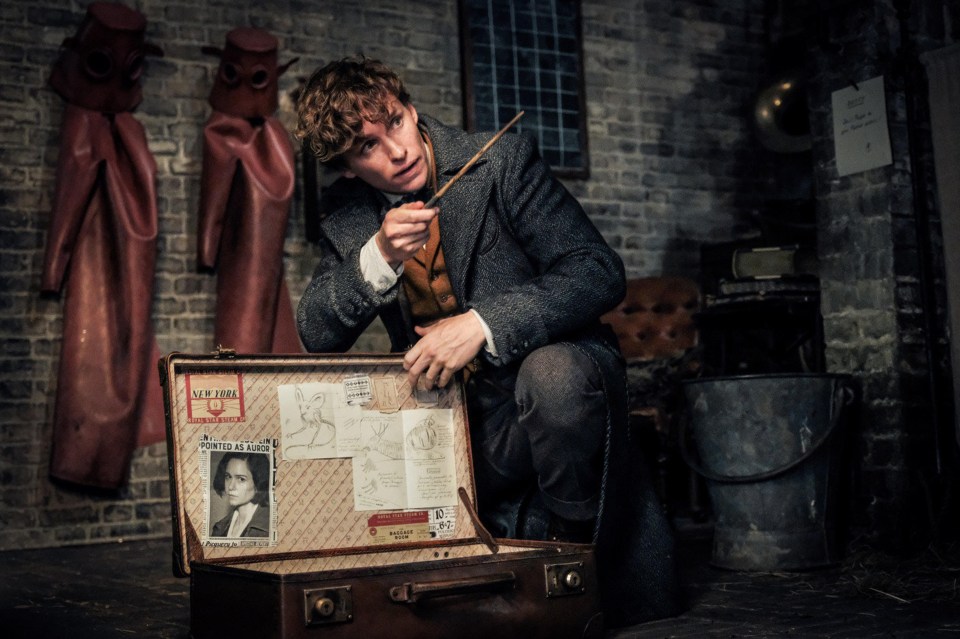 a man holding a wand next to a suitcase with a wanted poster on it