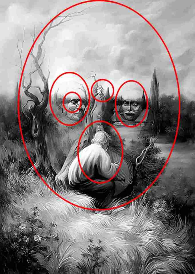 This image shows the answers circled in red, did you spot all the faces?