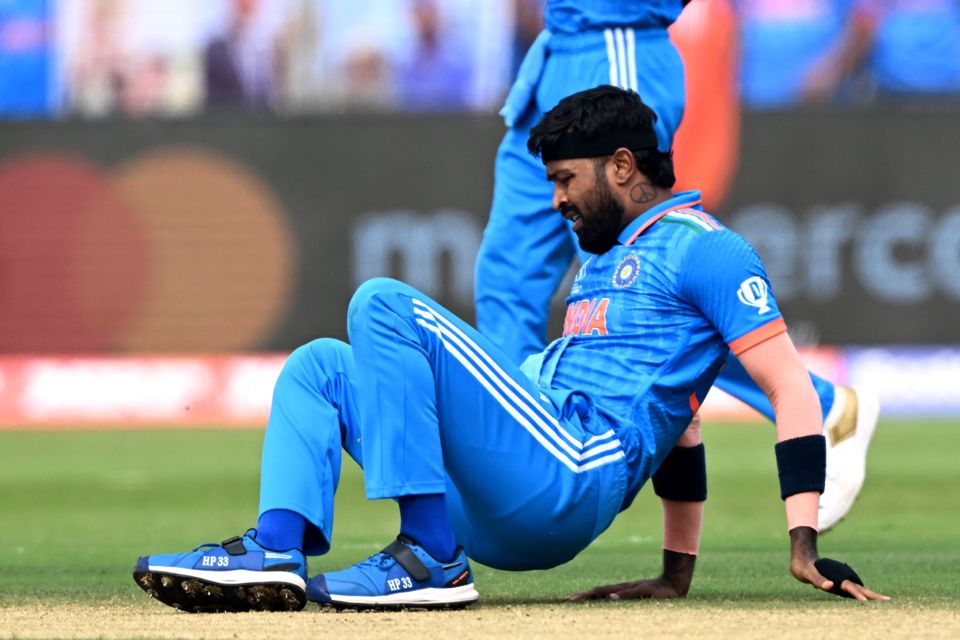 Hardik Pandya was brought off the pitch after an ankle injury during India's World Cup 2023 match against Bangladesh