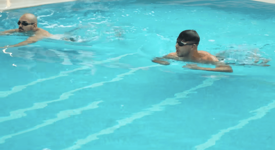 The boxer gets to work in the swimming pool