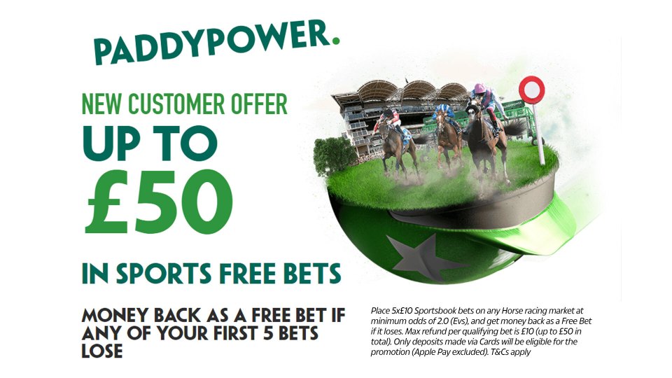 Get up to £50 back as FREE BETS if any of your first five horse racing bets lose