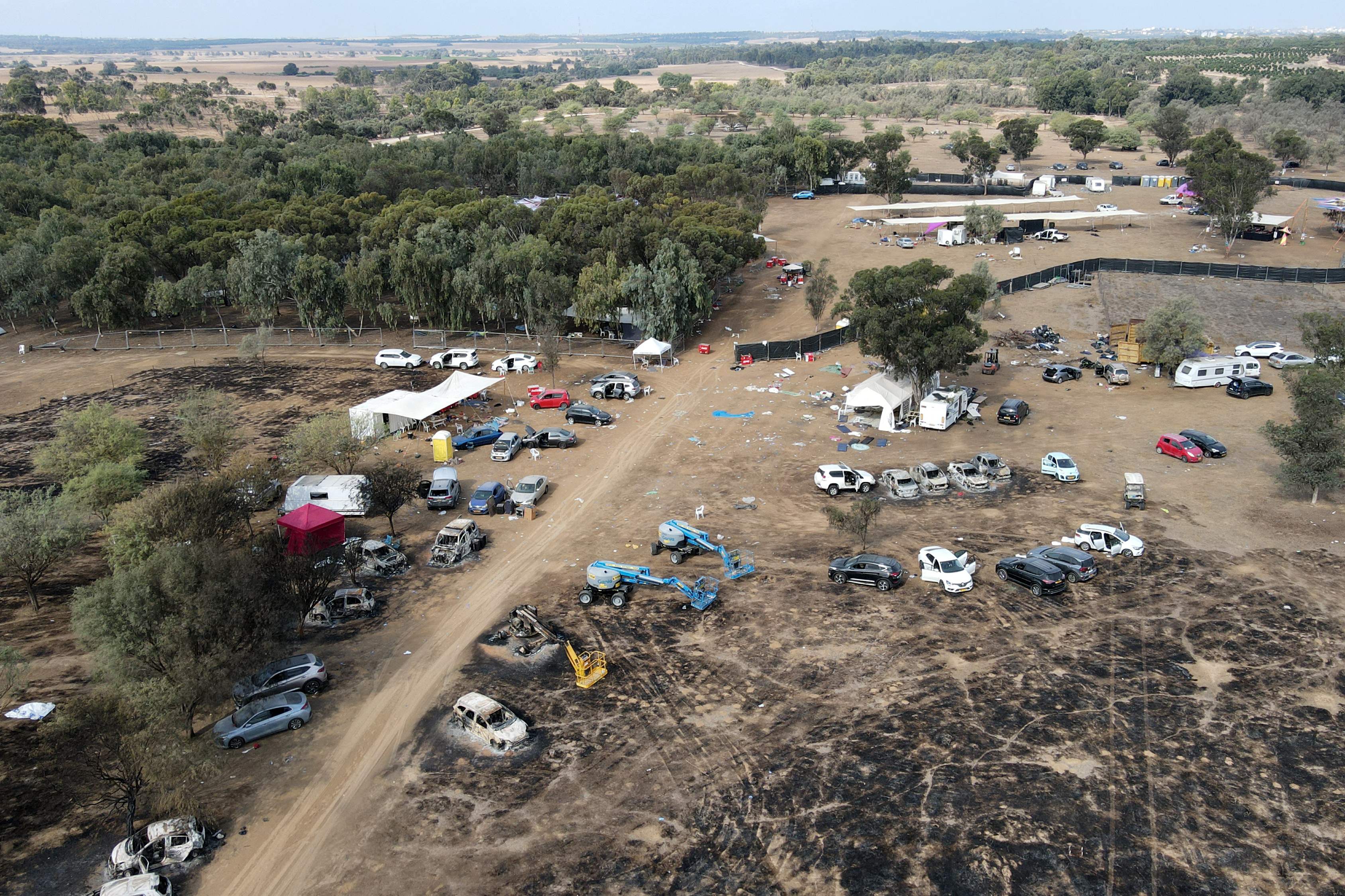 The abandoned site of the Supernova music festival after Hamas militants gunned down hundreds