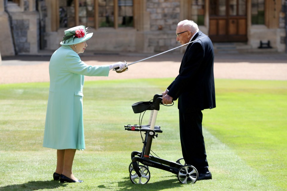 Queen Elizabeth awarded Captain Tom Moore with the insignia of Knight Bachelor at Windsor Castle in July 2020