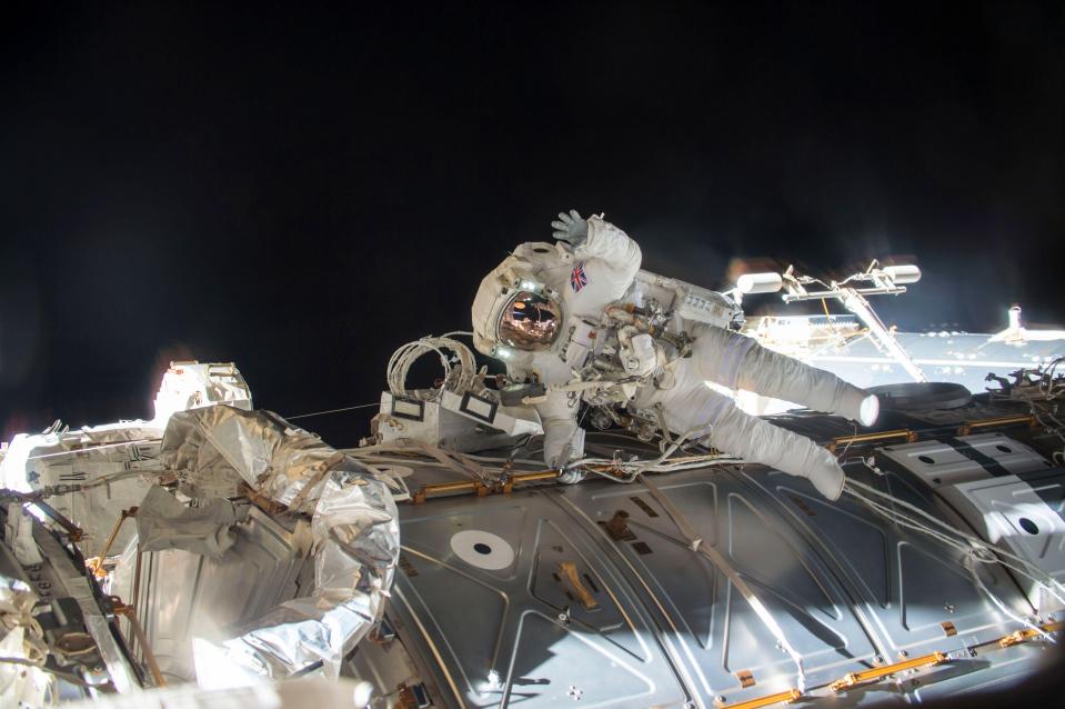 ESA astronaut Tim Peake outside the International Space Station in his spacesuit during a spacewalk