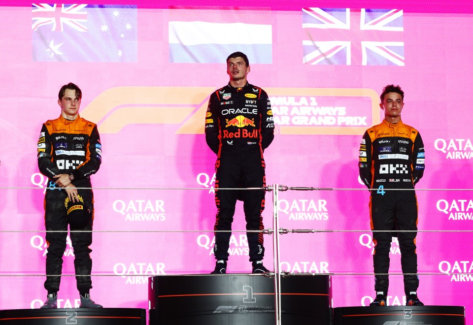 Max Verstappen, Oscar Piastri and Lando Norris on the podium