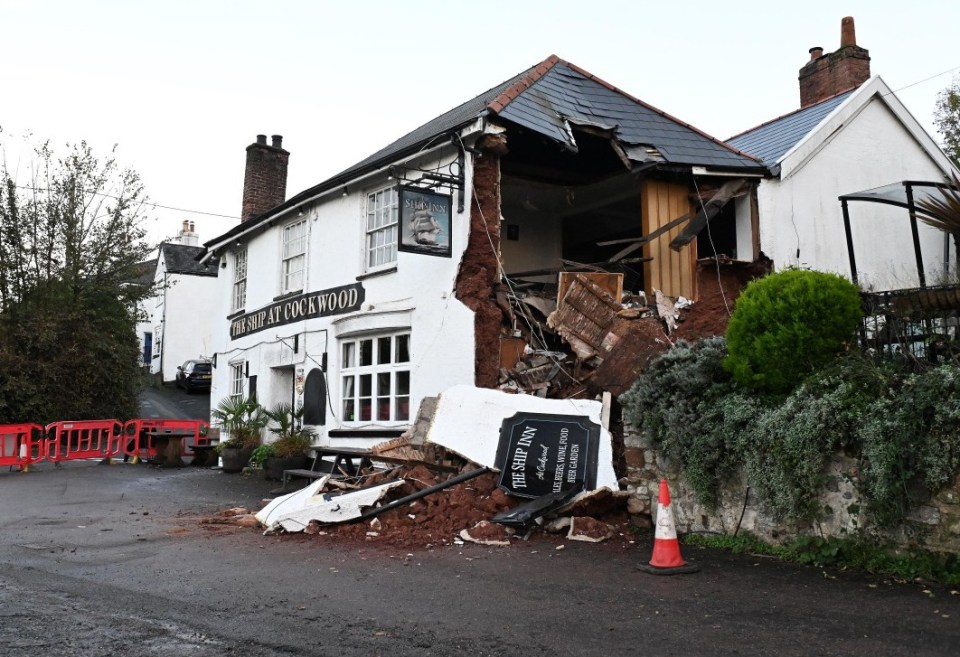 The popular Ship Inn pub at Cockwood, Devon, was forced to close after it collapsed in heavy downpours