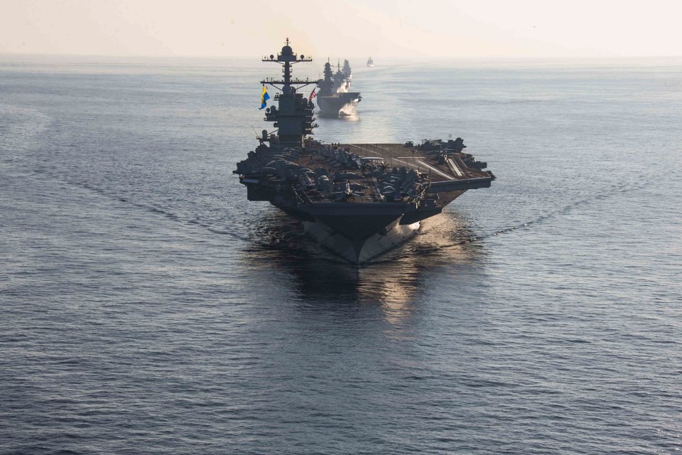 US Navy aircraft carrier USS Gerald R. Ford (CVN 78) and accompanying ships in the Ionian Sea.