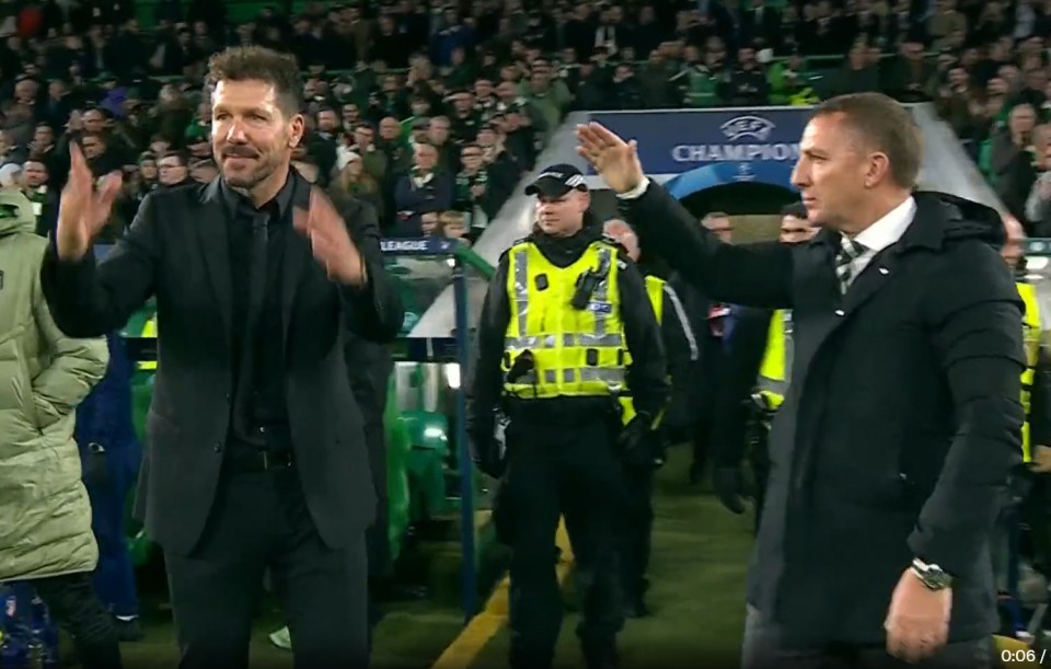 Atletico boss Diego Simeone had an awkward handshake with Celtic’s Brendan Rodgers