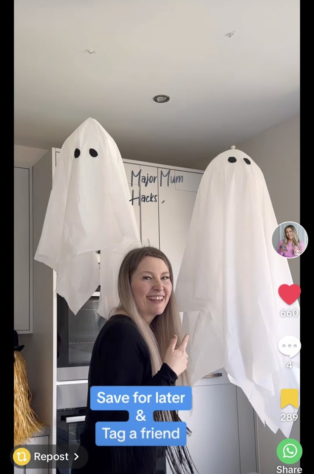 Handmade Halloween flying ghost decorations. Credit:TikTok/@Majormumhacks