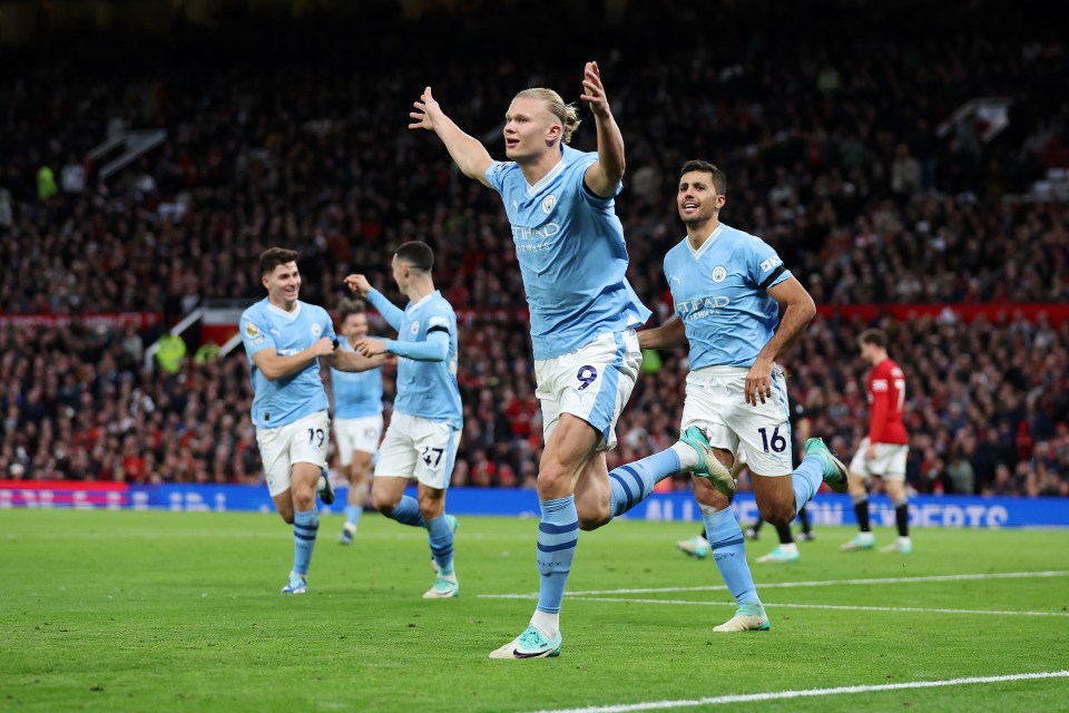 Erling Haaland scored twice in the 3-0 win at Old Trafford