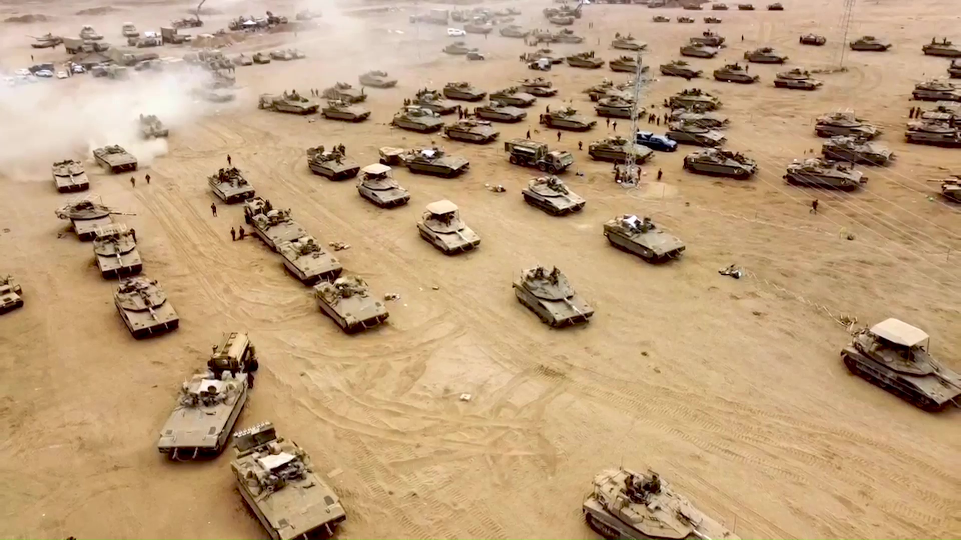 Rows of Israeli tanks lined up as they are deployed into Gaza