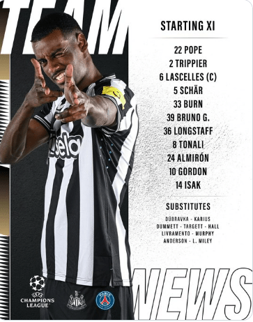 Newcastle's team to face PSG