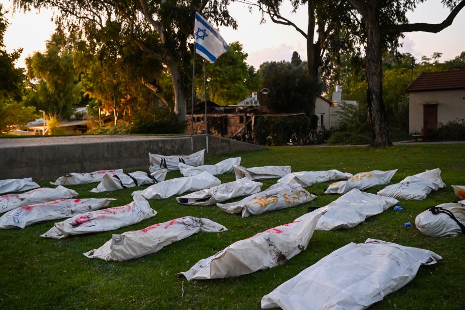 The body bags of over 20 dead Hamas militants who were killed as Israel took back Be’eri Kibbutz