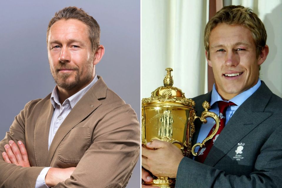 Jonny Wilkinson as he is in 2023 (left) and winning the World Cup in 2003