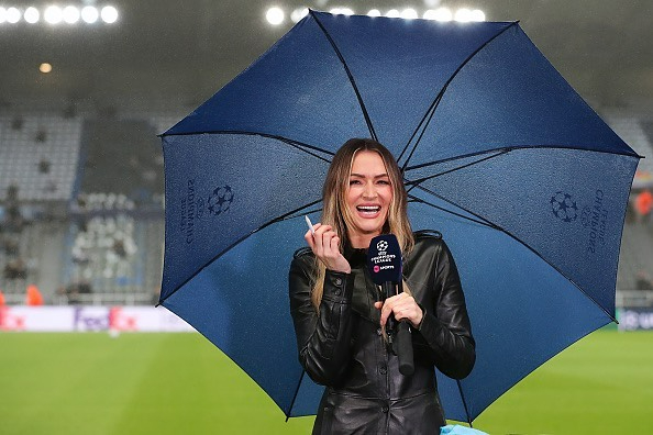 Laura Woods posed with her pen during coverage of Newcastle's latest Champions League match