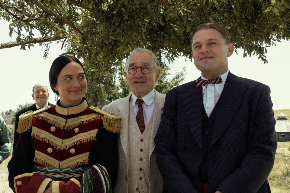 Lily Gladstone as Mollie Burkhart, Robert De Niro as William King Hale and Leonardo DiCaprio as Ernest Burkhart