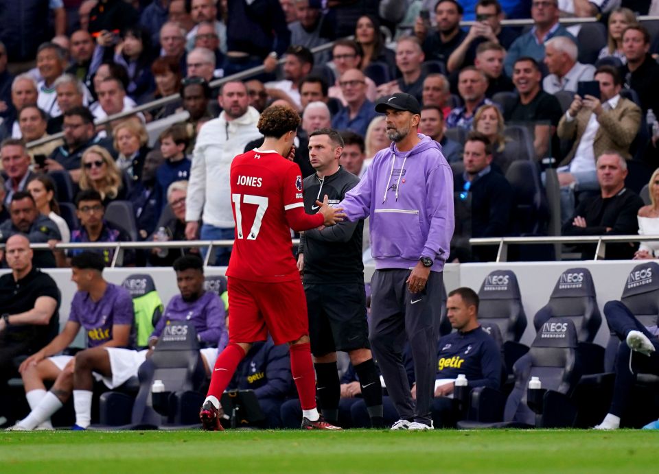 Curtis Jones was sent off for a dangerous first-half challenge on Yves Bissouma