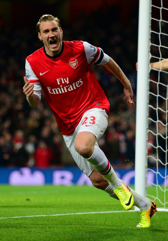 Nicklas Bendtner celebrates after scoring a goal for Arsenal against Hull