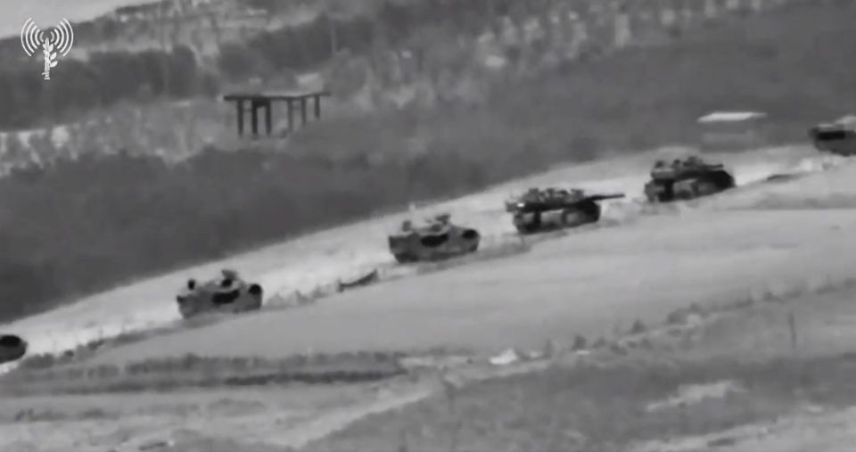 Footage appears to show streams of tanks, drones, and jets wiping out Hamas targets