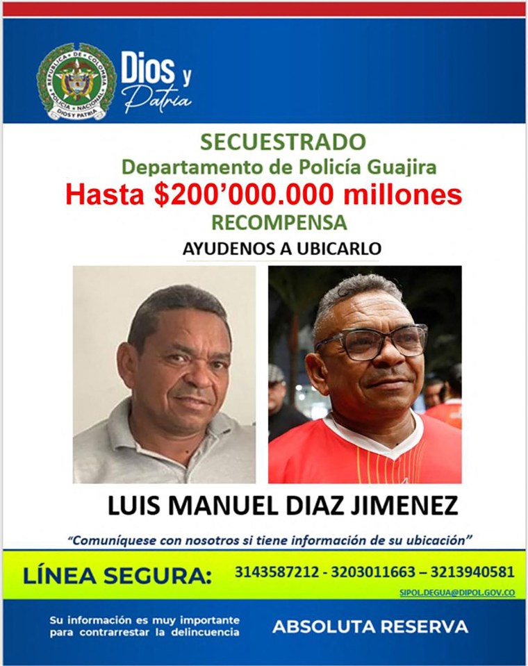 Luis Manuel Diaz has been missing since Saturday after being kidnapped by armed gunmen in Colombia