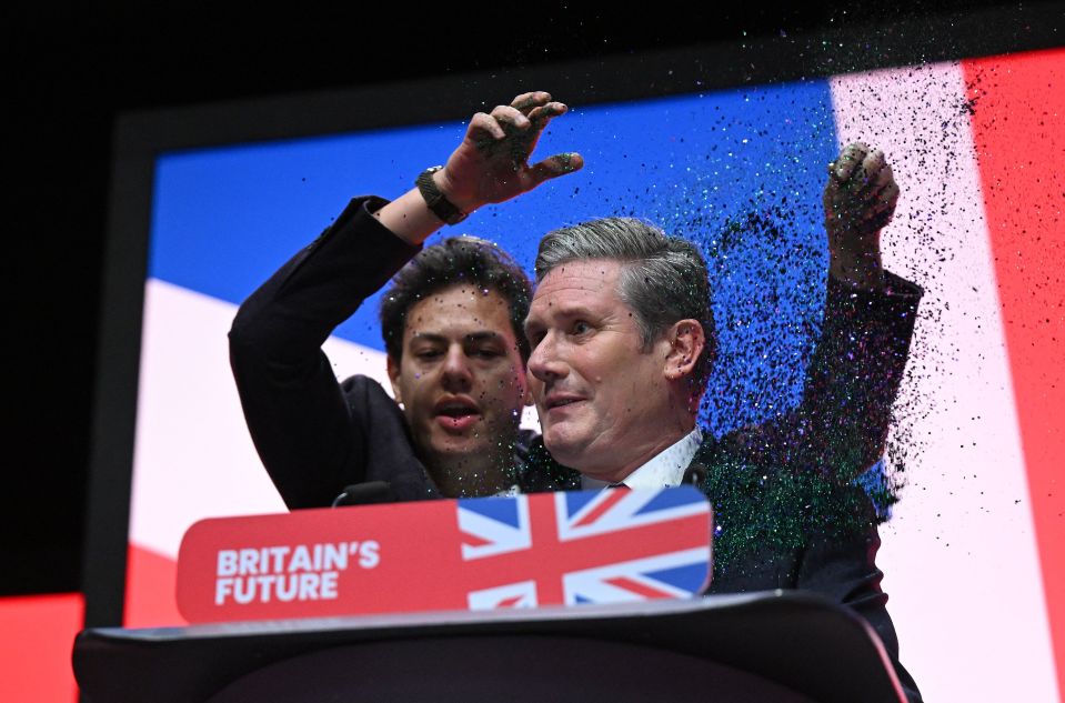 At the beginning of his speech Sir Keir Starmer was attacked by a protestor who covered the Labour chief with glitter