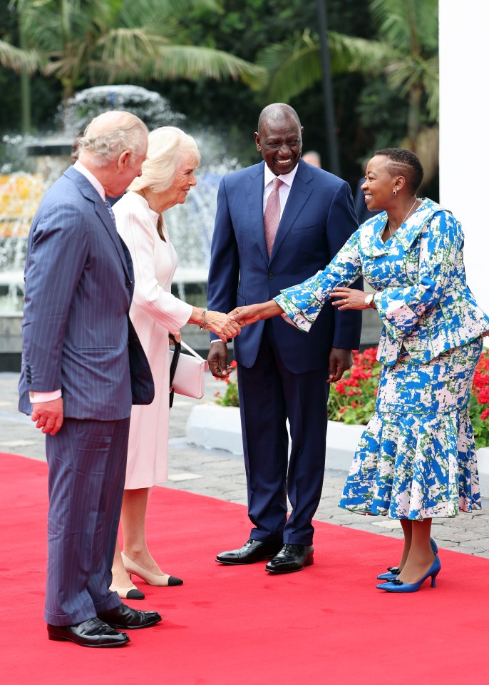 Queen Camilla and the King were greeted by the President of the Republic of Kenya, William Ruto, and the First Lady of the Republic of Kenya, Rachel Ruto