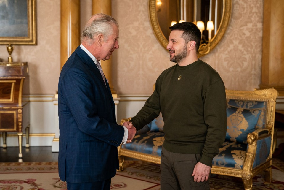 Mandatory Credit: Photo by Aaron Chown/WPA Pool/Shutterstock (13760575d) King Charles III holds an audience with Ukrainian President Volodymyr Zelensky at Buckingham Palace, London, during his first visit to the UK since the Russian invasion of Ukraine. President of Ukraine Volodymyr Zelenskyy visit to Buckingham Palace, London, UK - 08 Feb 2023