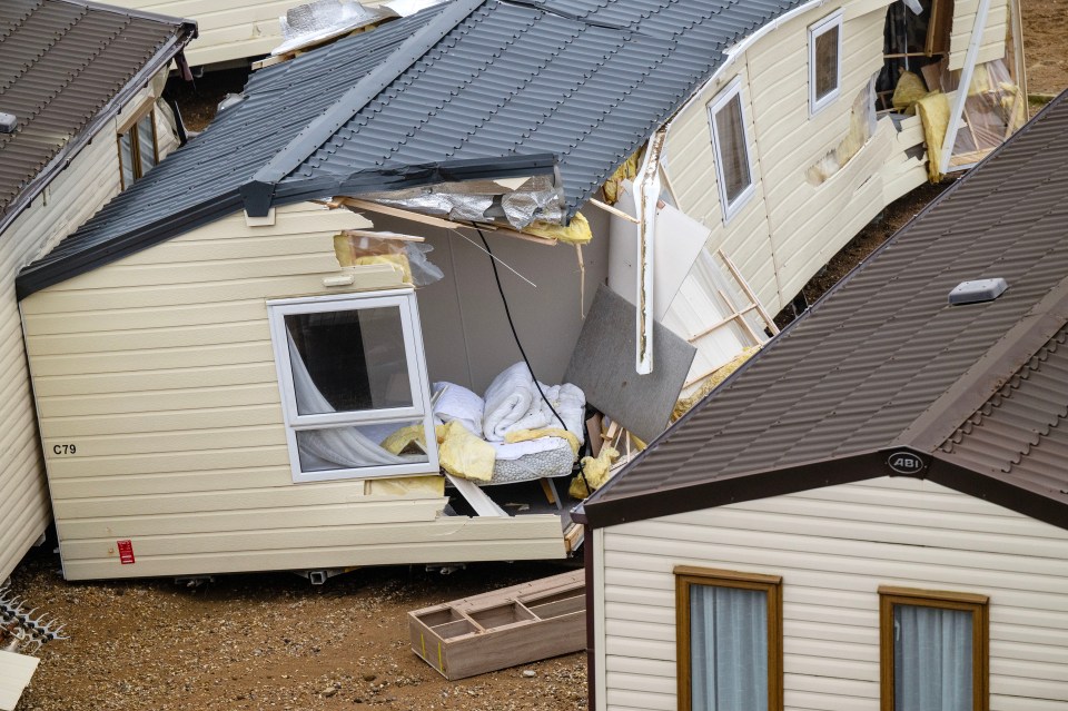 A mangled chalet at a holiday park in Burton Bradstock, Dorset