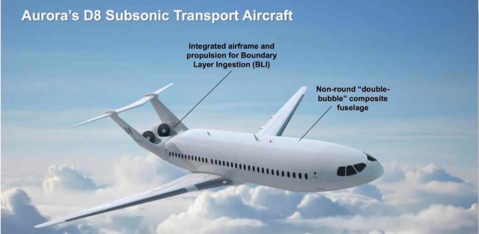 The futuristic plane has a 'double bubble' design