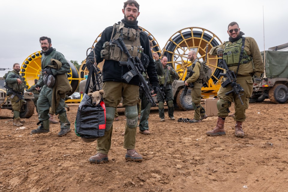 IDF members of the Israeli Defense Forces stand with a dog as they work at a staging area near the border of Gaza