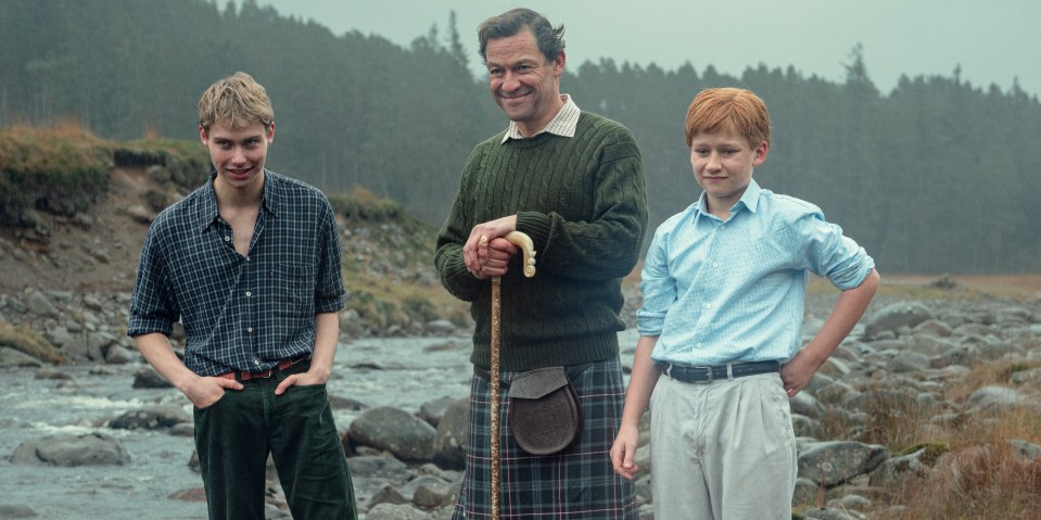 Prince William (Rufus Kampa), Prince Charles (Dominic West) and Prince Harry (Fflyn Edwards), ahead of the release of the sixth series of The Crown