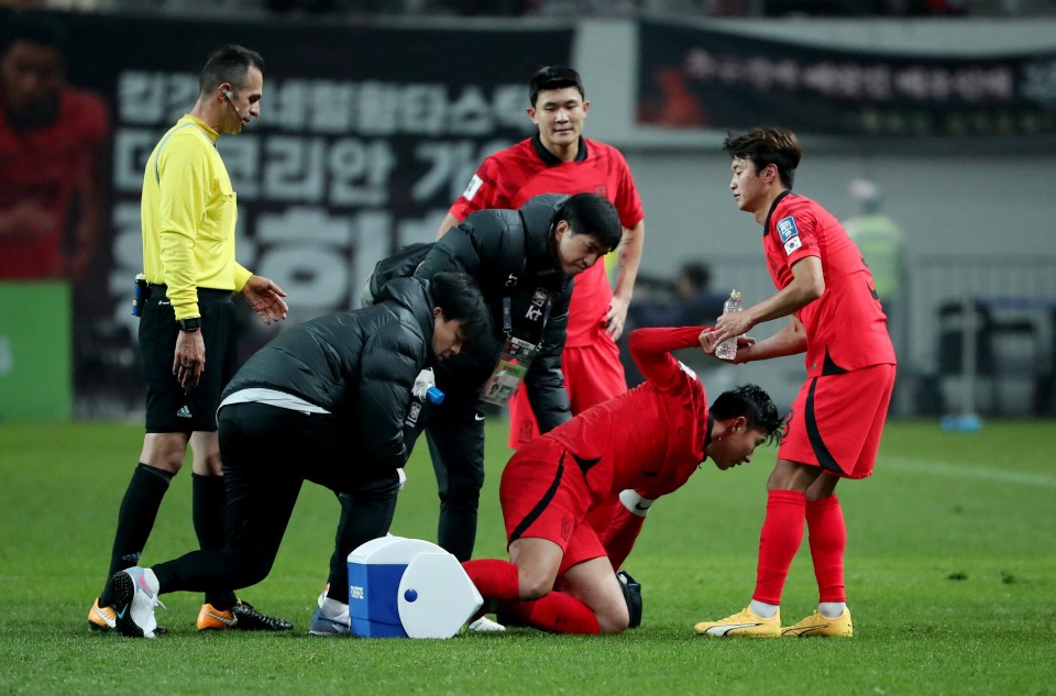 Son hobbled back up and was able to complete South Korea's 5-0 win