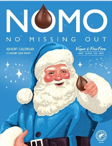 The Nomo advent calendar is filled with 24 small petal-shaped chocolate drops that are dairy, gluten, egg and nut-free