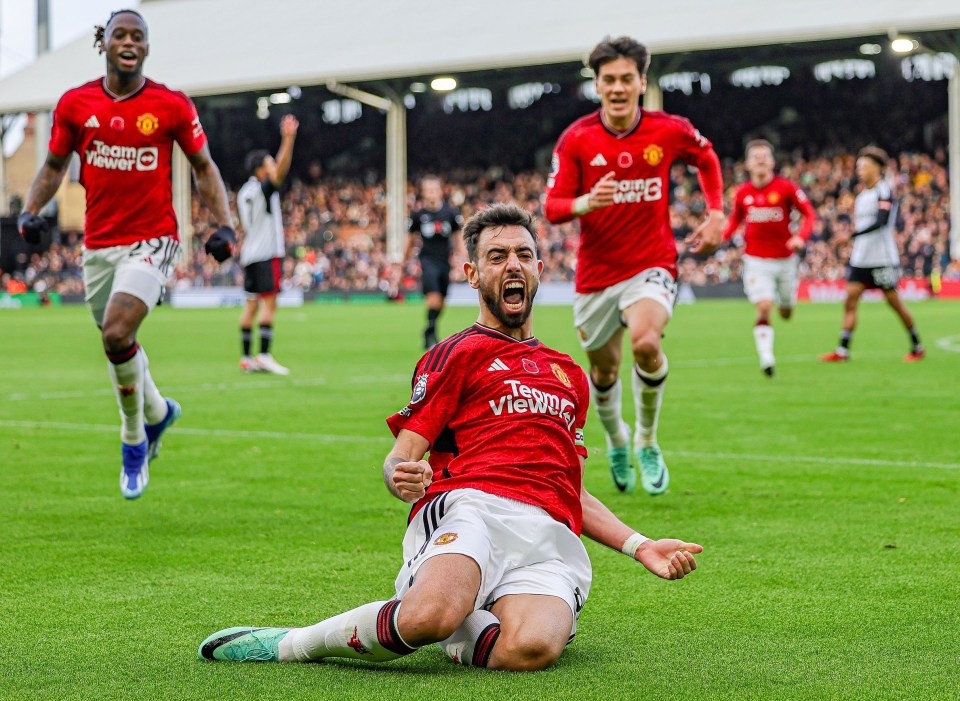 Bruno Fernandes celebrates his winner against Fulham