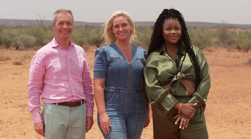 Nigel Farage, Josie Gibson and Nella Rose in the red desert outback of Alice Springs