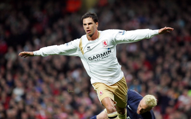 MIddlesbrough's Jeremie Aliadiere celebrates scoring their first goal against his old clu b Arsenal Saturday 15 March 2008 during todays Premiership match at The Emirates Stadium. GERRY PENNY