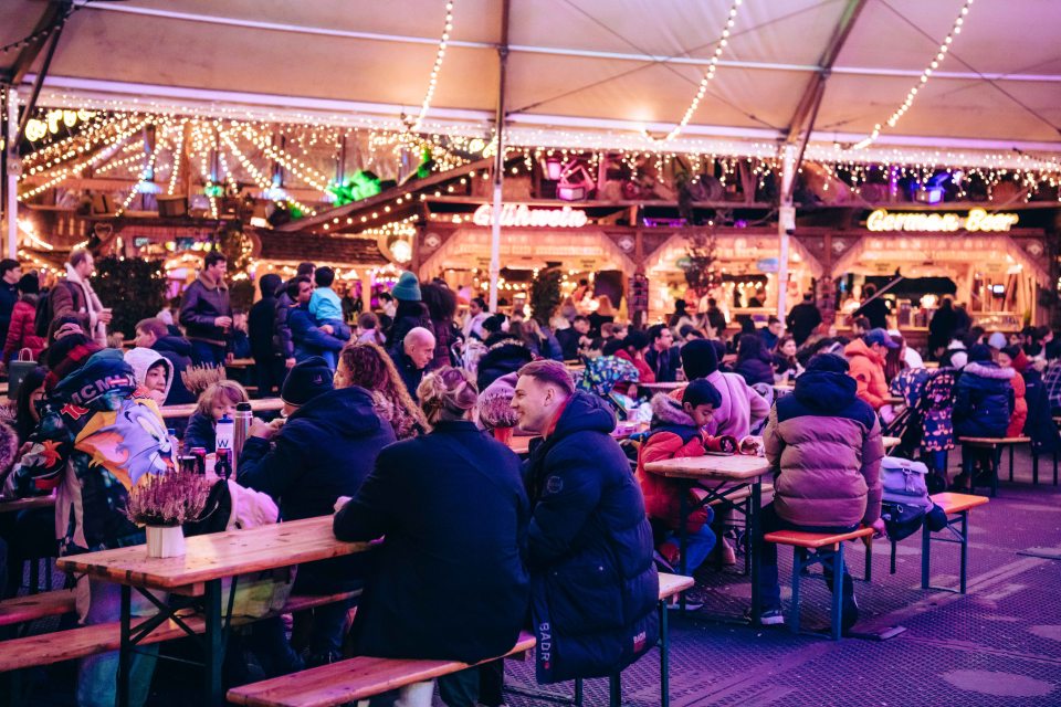 Food and drinks like mulled wine, hot chocolate, and steins of Bavarian beer can also be purchased