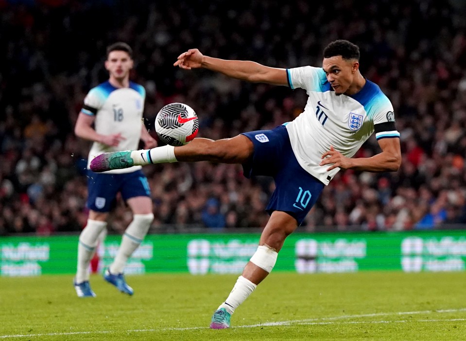 Trent Alexander-Arnold, who played the whole game in midfield, fires in this effort but England only produced three shots on target all night