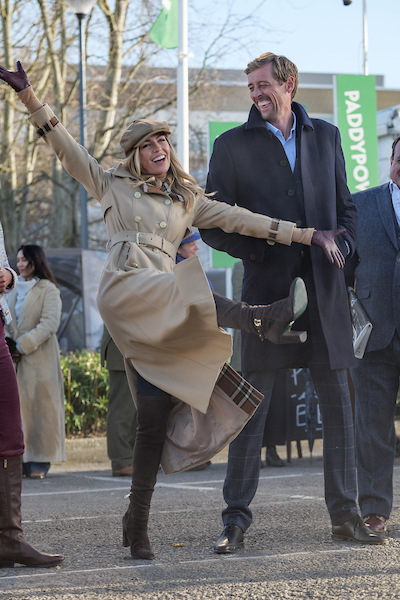 *** FREE FOR EDITORIAL USE ***.Peter Crouch and Abbey Clancy seen on the set of Irish bookmaker Paddy Powers latest TV ad, filmed at Cheltenham Racecourse ahead of the Cheltenham Festival next month.