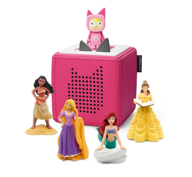 Pink Toniebox with Disney Princess figurines.